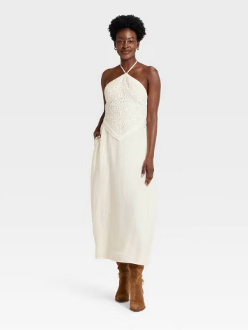 a new day Ivory Halter Midi Dress with Lace Bib